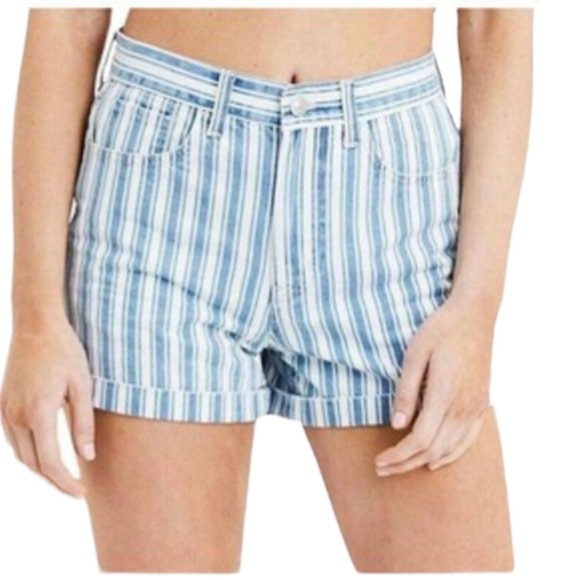 American Eagle Outfitters Blue & White Striped Deny High Rise Mom Shorts Sz 8 - Picture 1 of 16